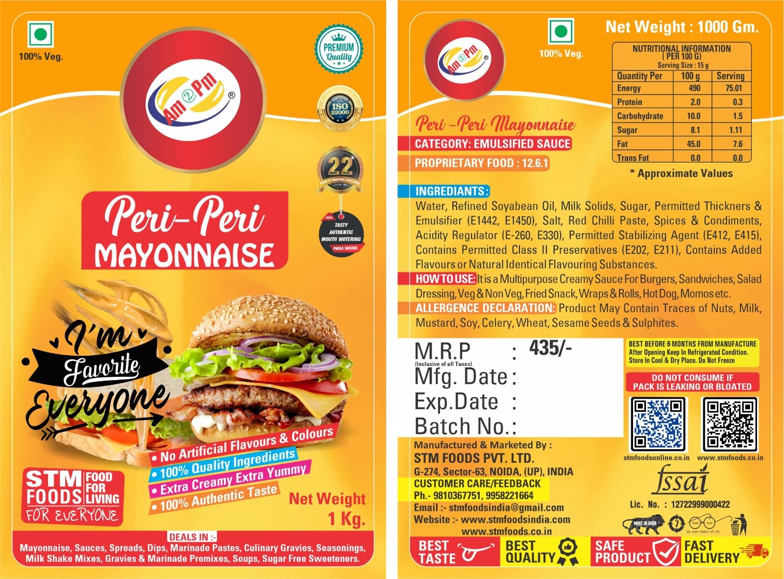Am 2 Pm - Peri Peri Mayonnaise Veg Mayonnaise, 100% Vegetarian Creamy Mayo Used For Dressings And Condiments - 1Kg – view 5