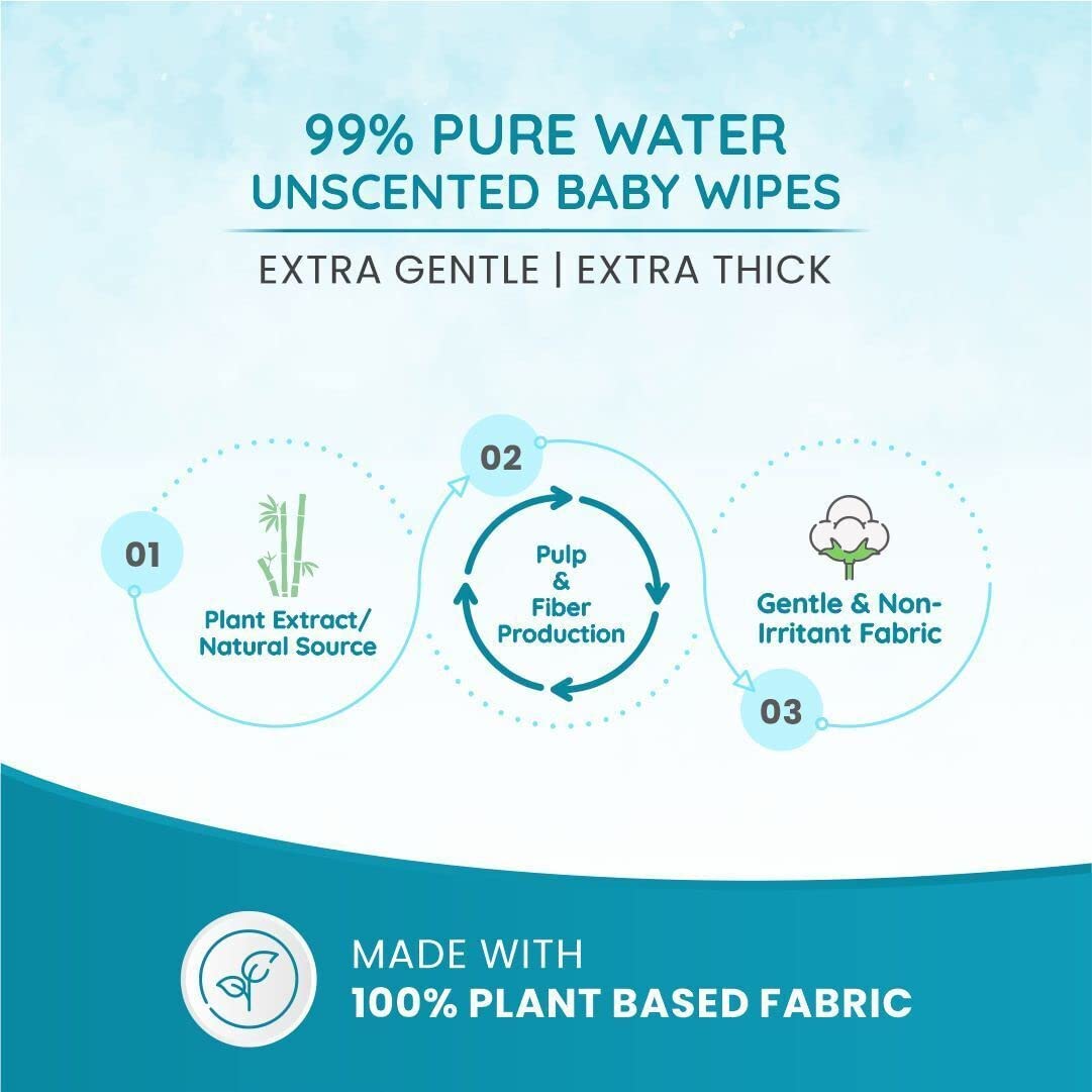 Mother Sparsh 99% Pure Water (Unscented) Baby Wipes I Natural Plant Made Cloth - Super Thick I 72 pcs/Pack - Pack of 6 (Super Saver Pack) – view 3
