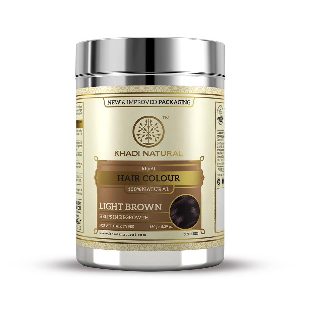 Light brown herbal hair colour powder tin from Khadi Natural