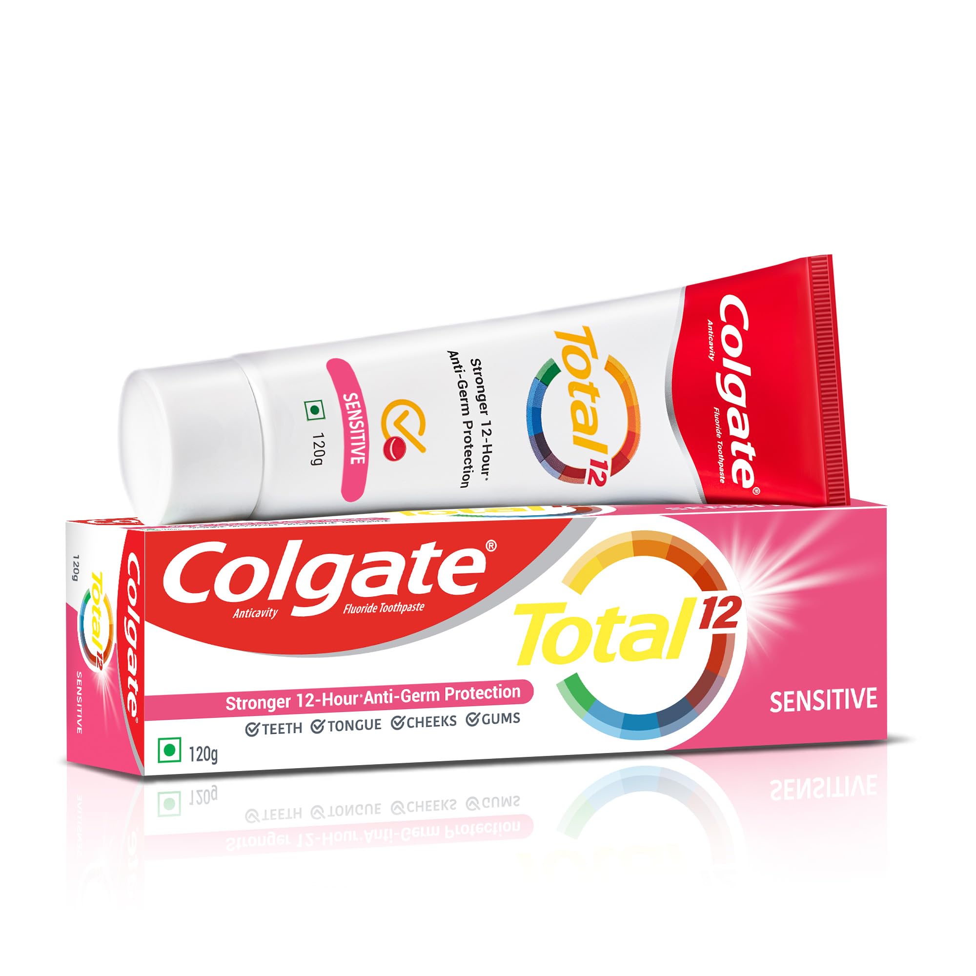 Colgate Total Sensitive toothpaste tube with anti-germ protection label