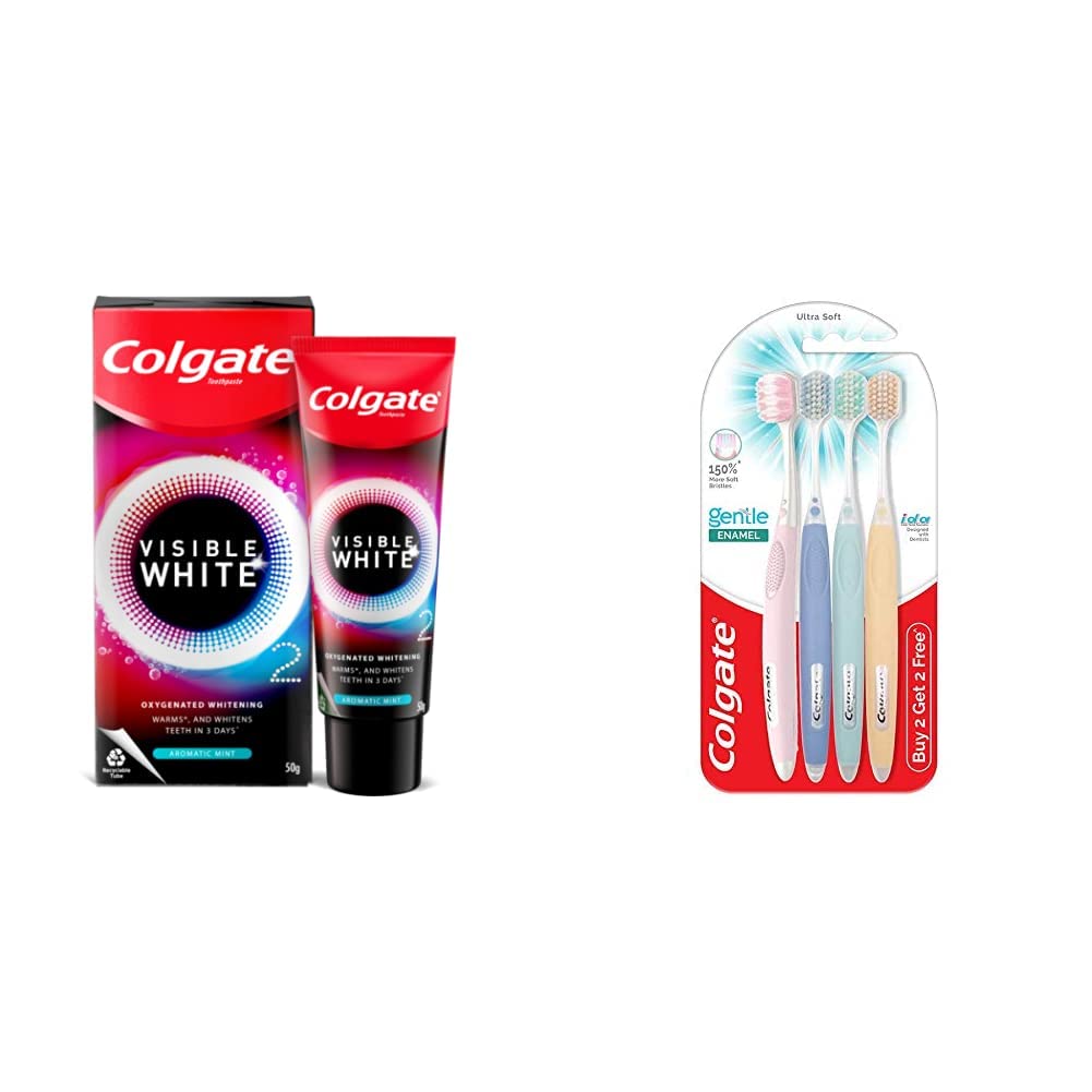 Colgate Aromatic Mint whitening toothpaste with Gentle Enamel toothbrushes