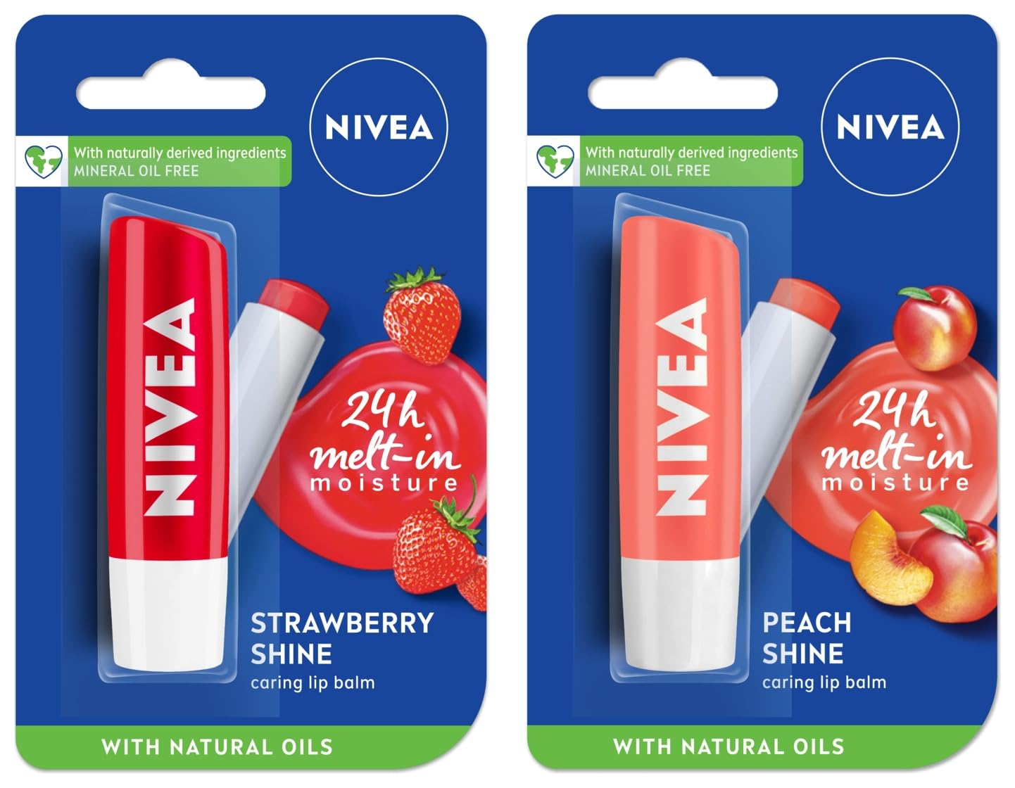Two Nivea lip balm sticks in strawberry shine and peach shine