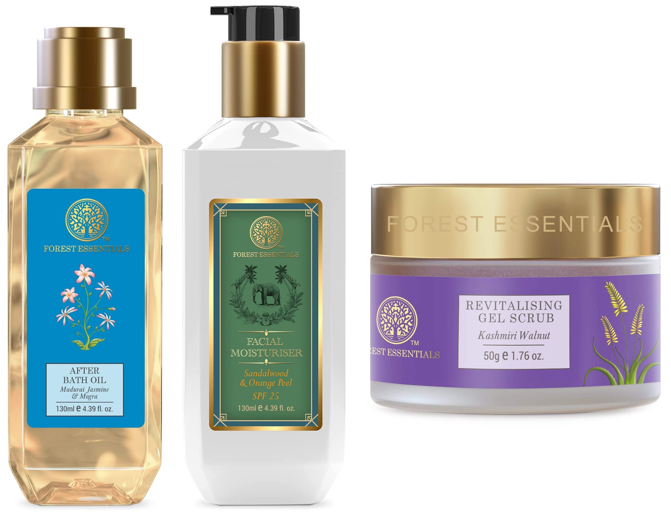 Forest Essentials walnut gel scrub, facial moisturiser and jasmine bath oil