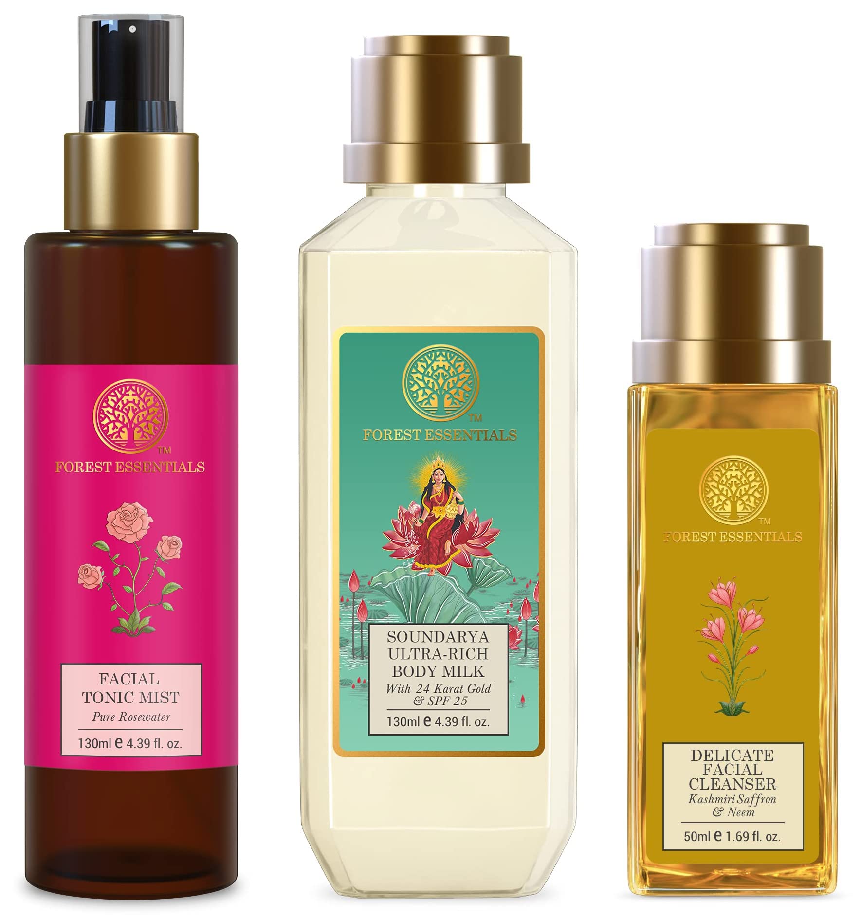Forest Essentials Ultra-Rich Body Milk 130ml &Forest Essentials Travel Size Delicate Facial Cleanser 50ml&Forest Essentials Facial Tonic Mist Pure Rosewater 130ml (Face Toner) – view 1