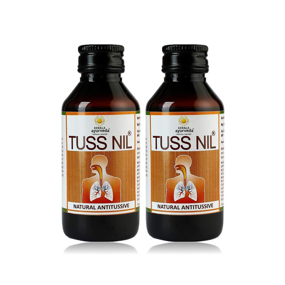 Two bottles of Kerala Ayurveda Tuss Nil dry cough syrup