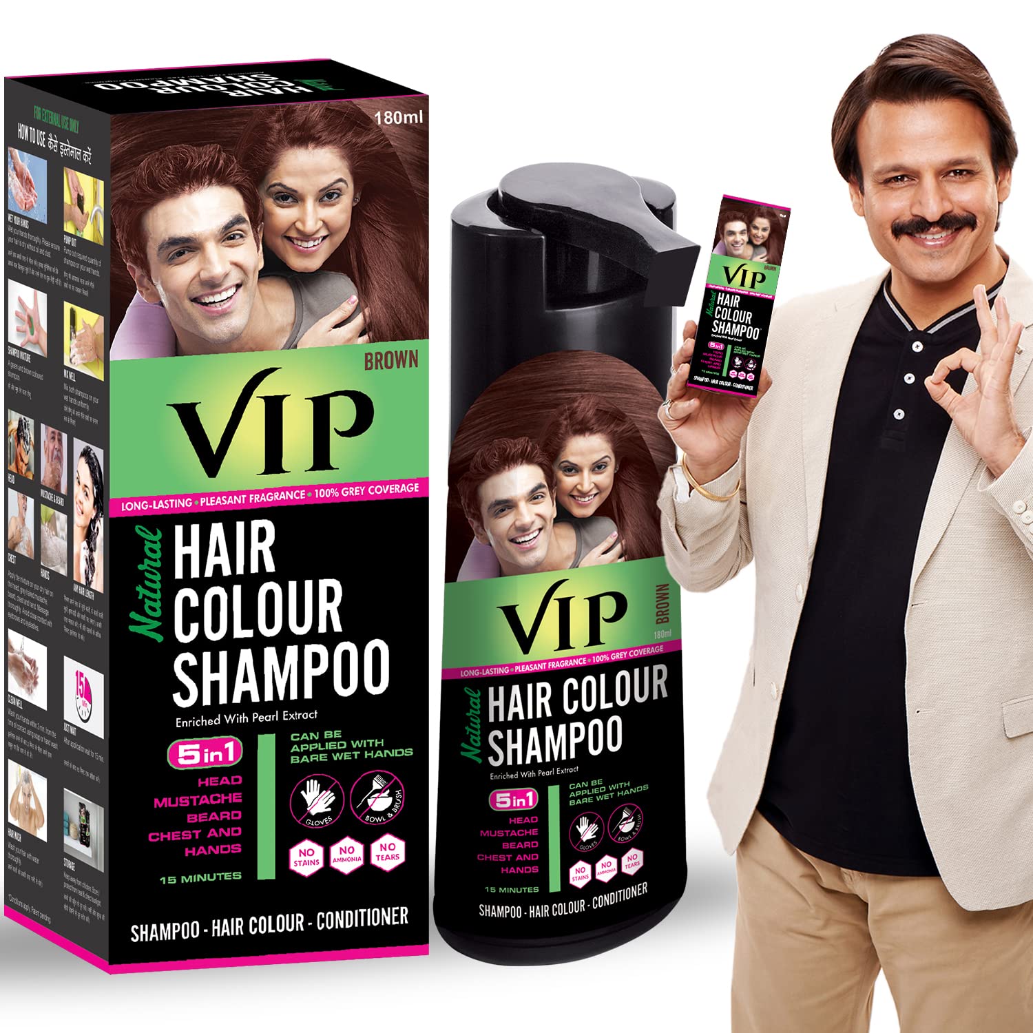 VIP brown hair colour shampoo bottle for quick grey coverage