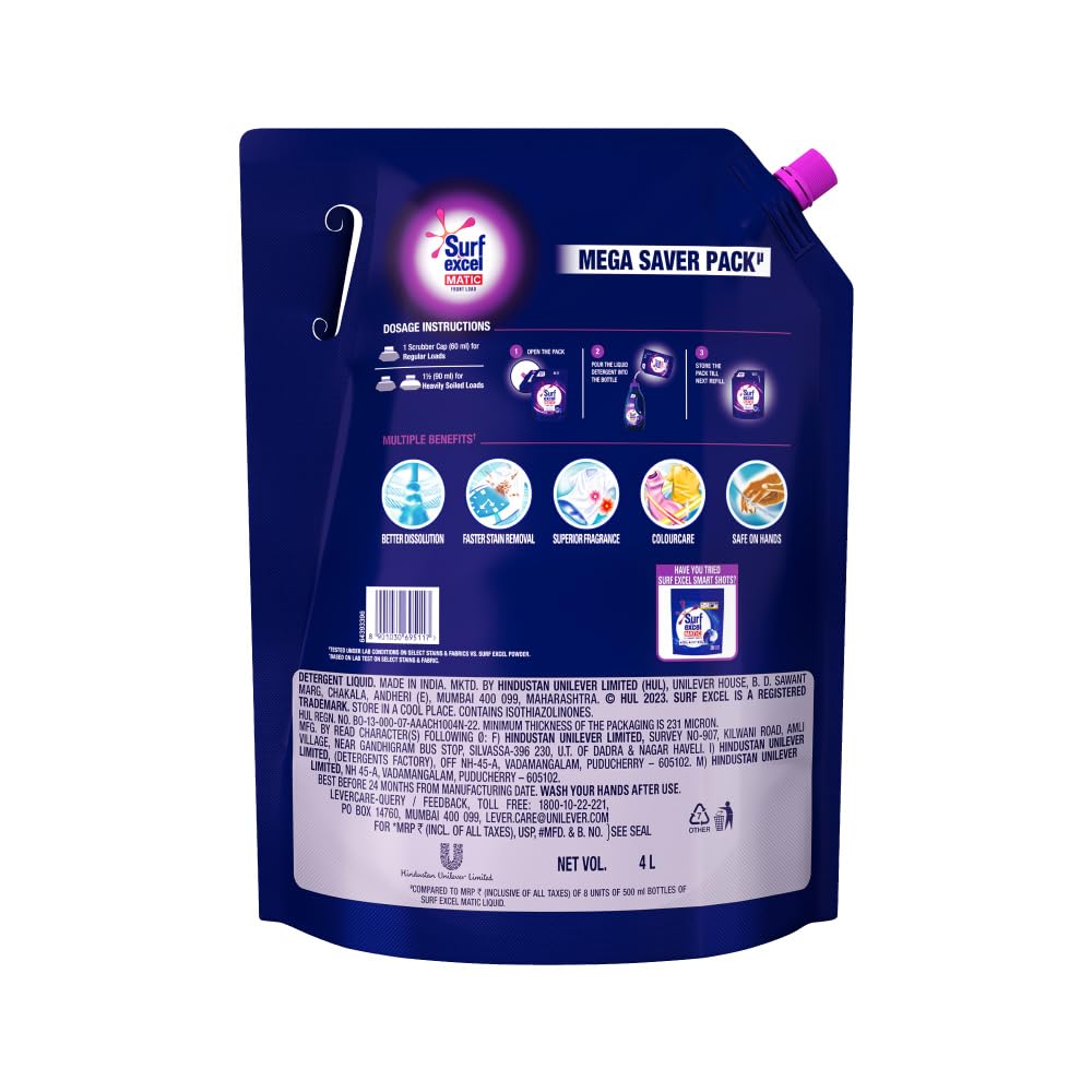 Surf Excel Matic Front Load Liquid Detergent 4L Refill Pouch, Specially designed to remove Tough Dried Stains, 1st time in Washing Machine – view 2