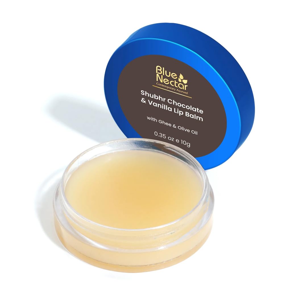 Blue Nectar Shubhr Chocolate & Vanilla Lip Balm & Gloss with Ghee for Dry Chapped Lips | 100% Ayurvedic | Paraben & Sulphate Free (10g, 12 Herbs)
