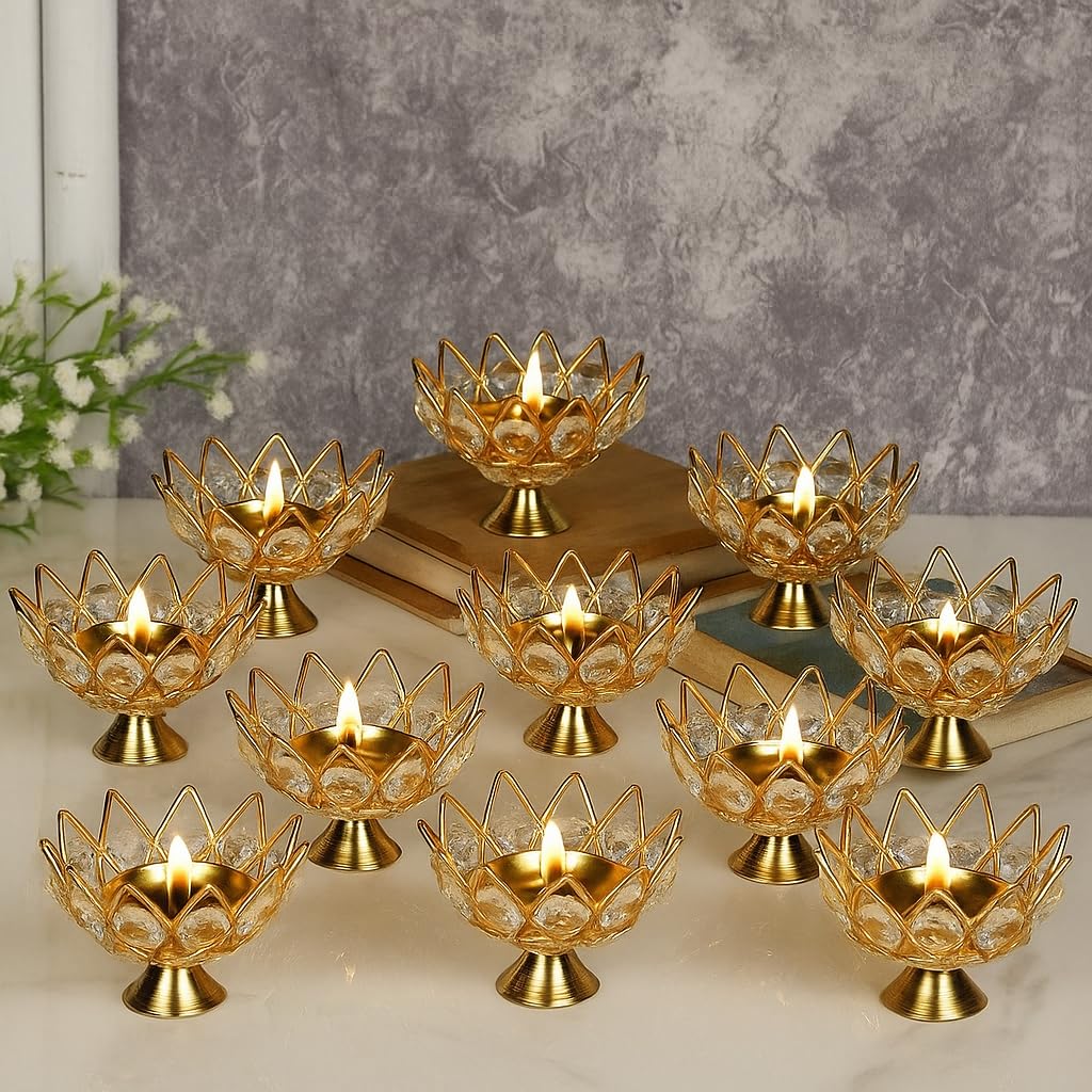 Collectible India Brass Crystal Bowl Design Akhand Diya Oil Lamp Stand for Puja Home Diwali Decoration (Golden) Pack of 12 – view 2