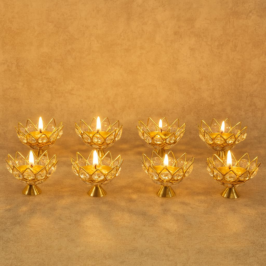 Collectible India Brass Crystal Bowl Design Akhand Diya Oil Lamp Stand for Puja Home Diwali Decoration (Golden) Pack of 12 – view 6