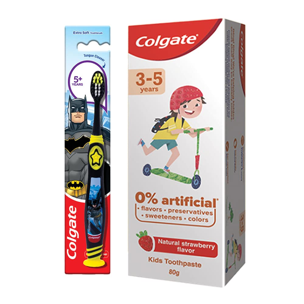 Colgate strawberry kids toothpaste and Batman extra soft toothbrush set