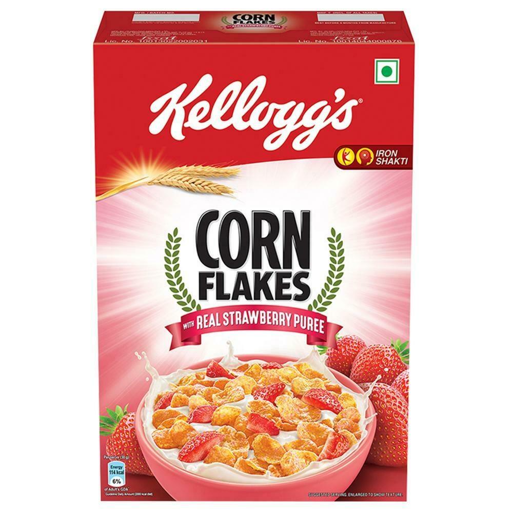 Kellogg's corn flakes with strawberry puree cereal box