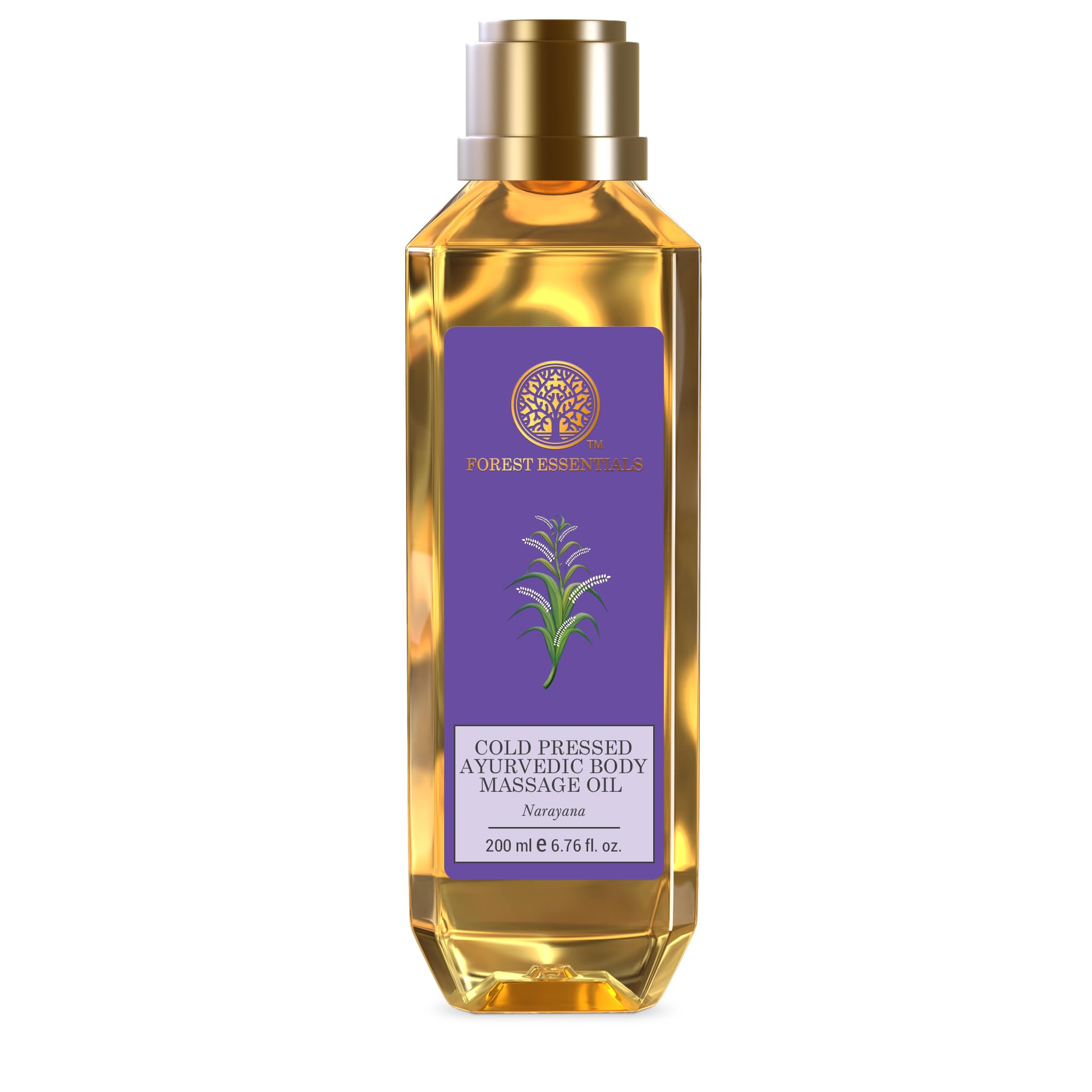 Forest Essentials Narayana body oil bottle with Ayurvedic massage packaging