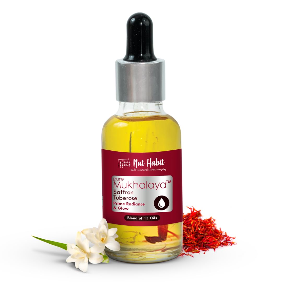 Nat Habit face oil bottle with saffron tuberose glow formula