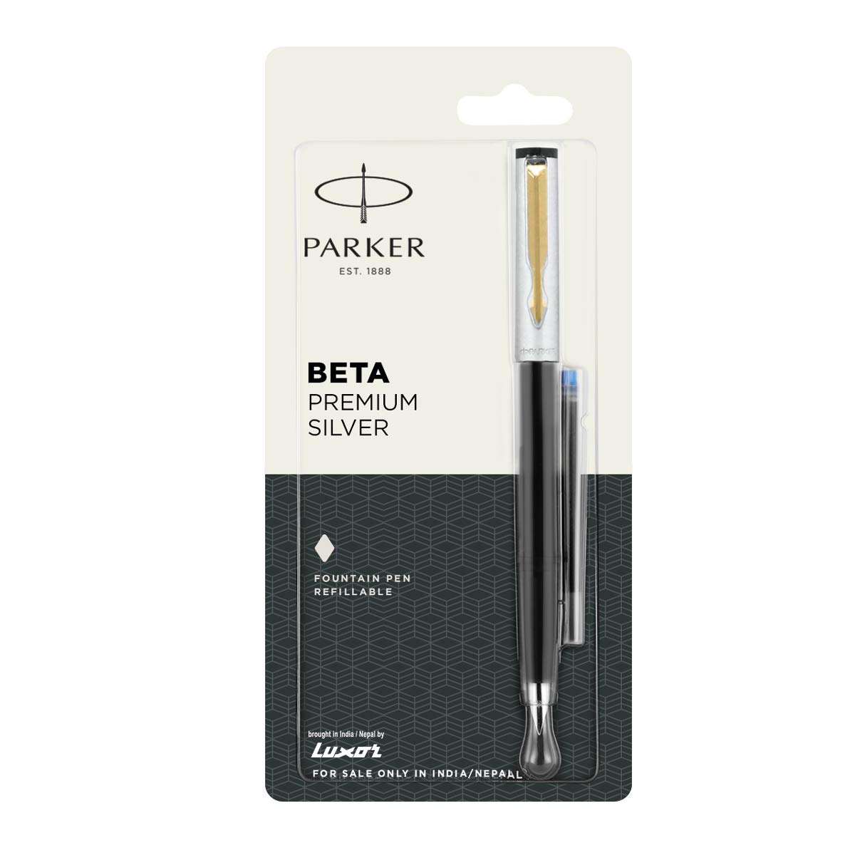 Silver Parker Beta fountain pen with included ink cartridge