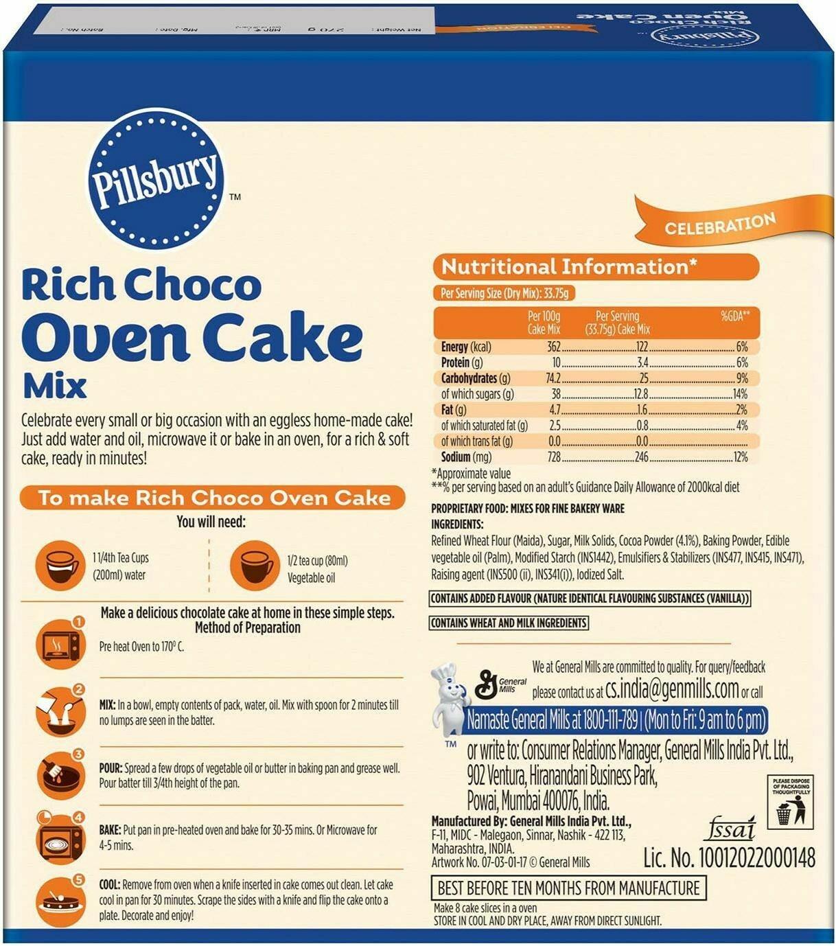Pillsbury Oven Cake Mix, Rich Choco- Eggless, (Pack Of 4 - 270 Gm Each) – view 3