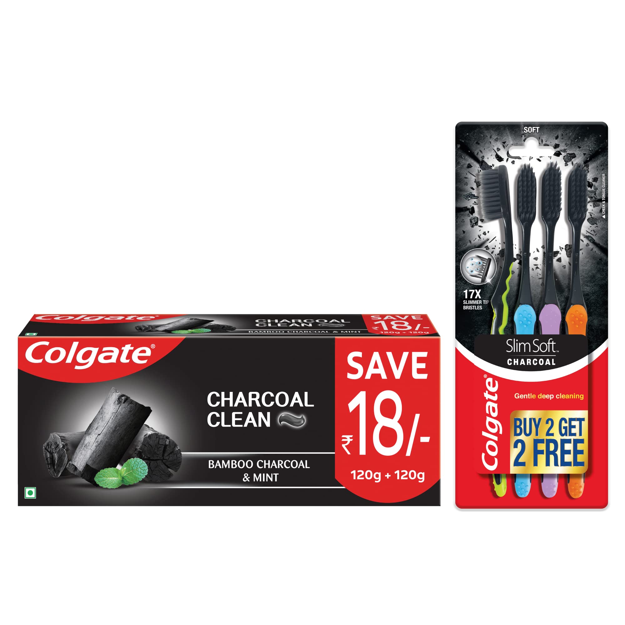 Colgate charcoal toothpaste saver pack and slim soft toothbrush