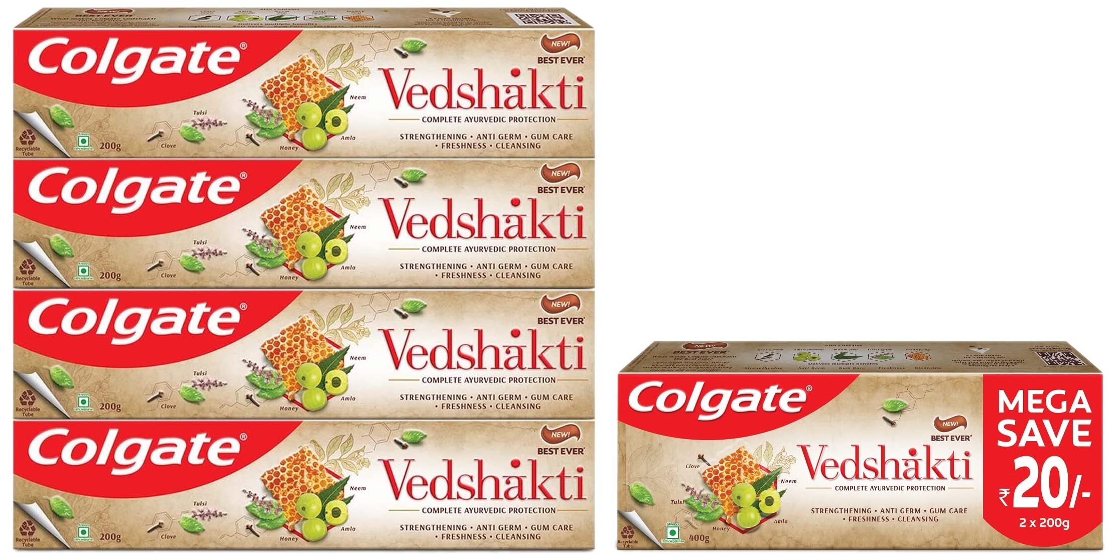 Colgate Swarna Vedshakti Ayurvedic toothpaste pack with multiple tubes