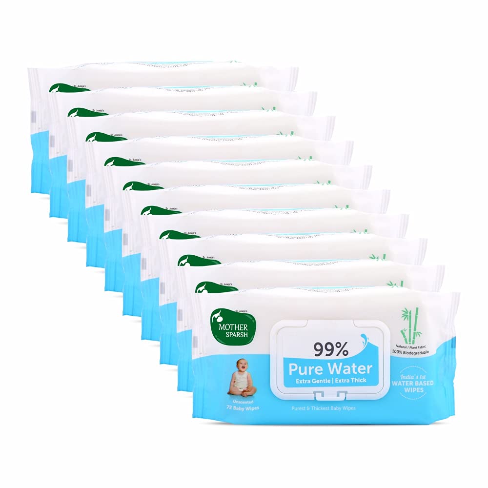 Mother Sparsh 99% Pure Water (Unscented) Baby Wipes I Natural Plant Made Fabric - Super Thick I 72 pcs/Pack - Pack of 10