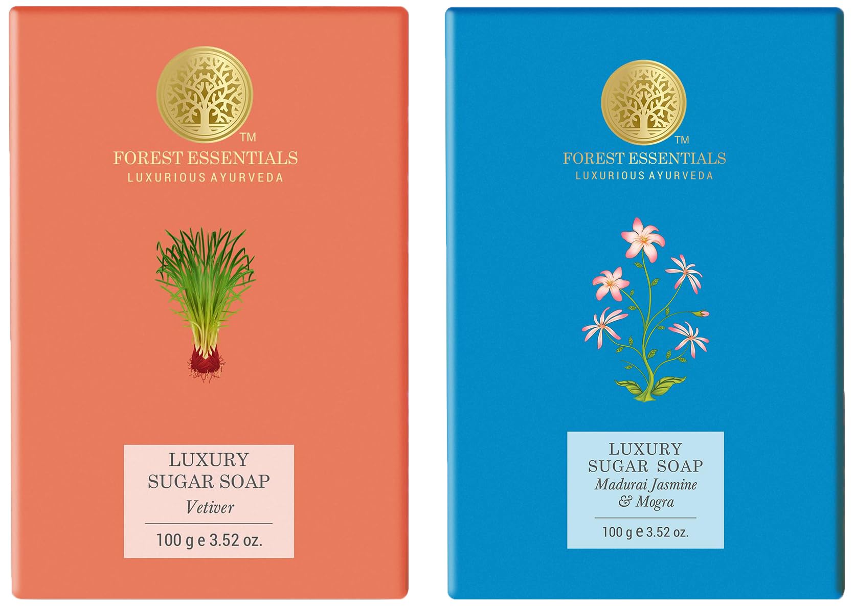 Boxed Forest Essentials sugar soap combo in jasmine mogra and vetiver