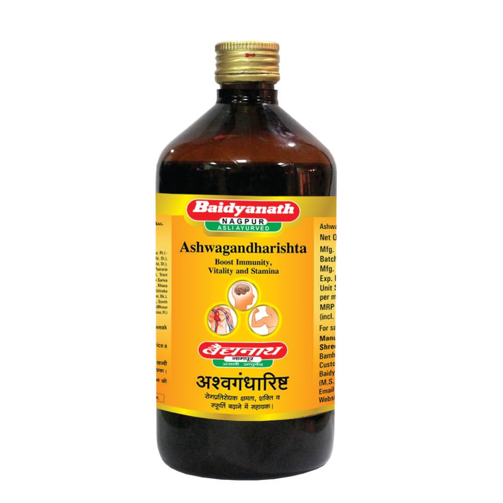 Front view of Baidyanath Ashwagandharishta 450 ml syrup bottle