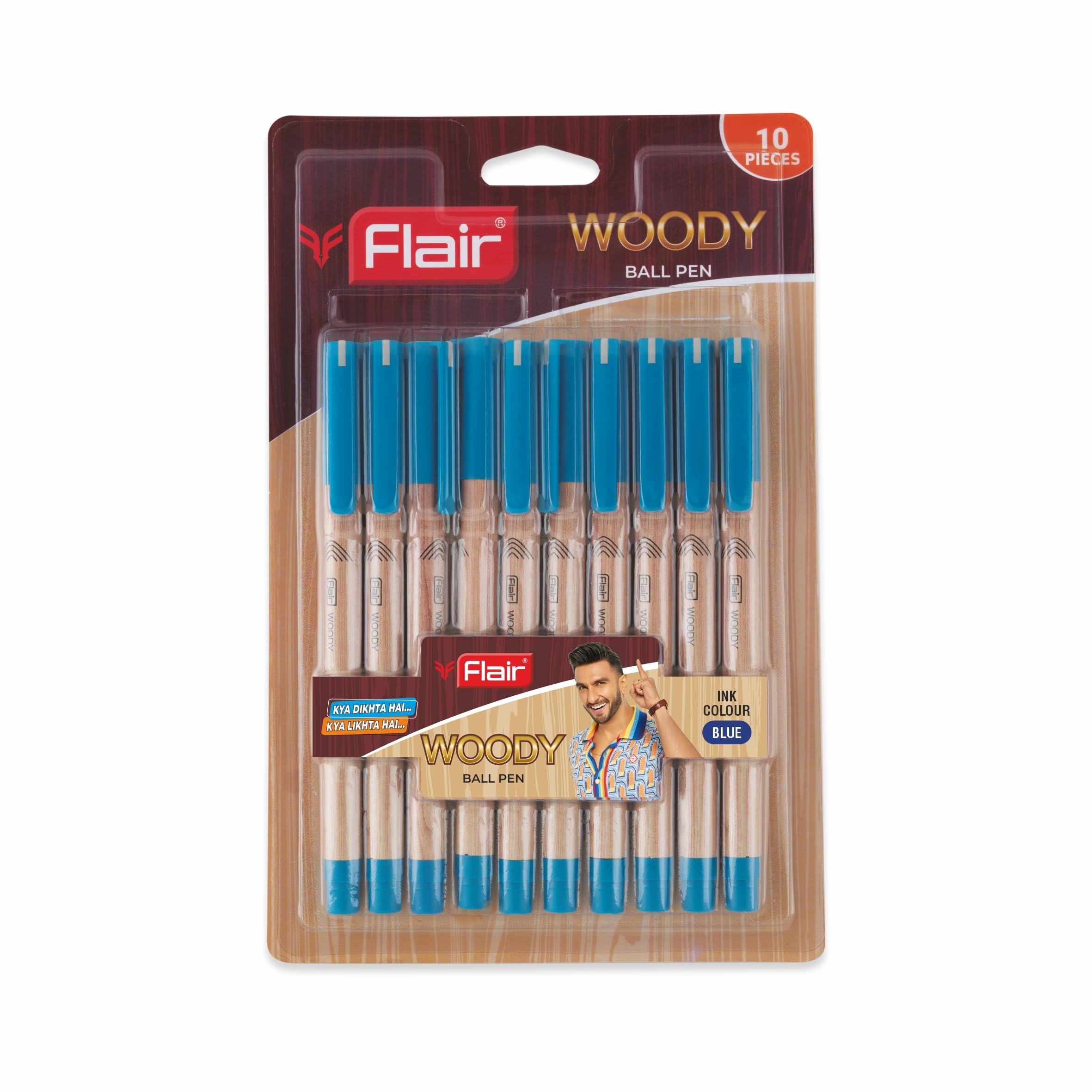 Pack of 10 Flair Woody blue ball pens