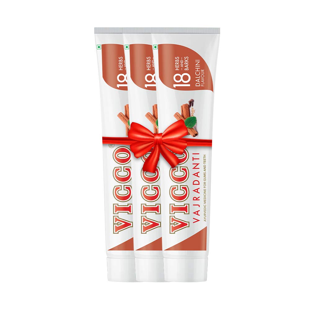 Vicco Vajradanti Ayurvedic toothpaste tubes in Dalchini flavour