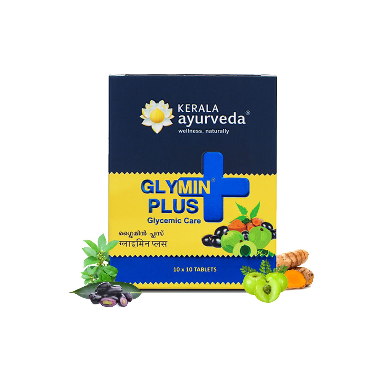 Kerala Ayurveda Glymin Plus herbal tablet bottle, 100 count pack