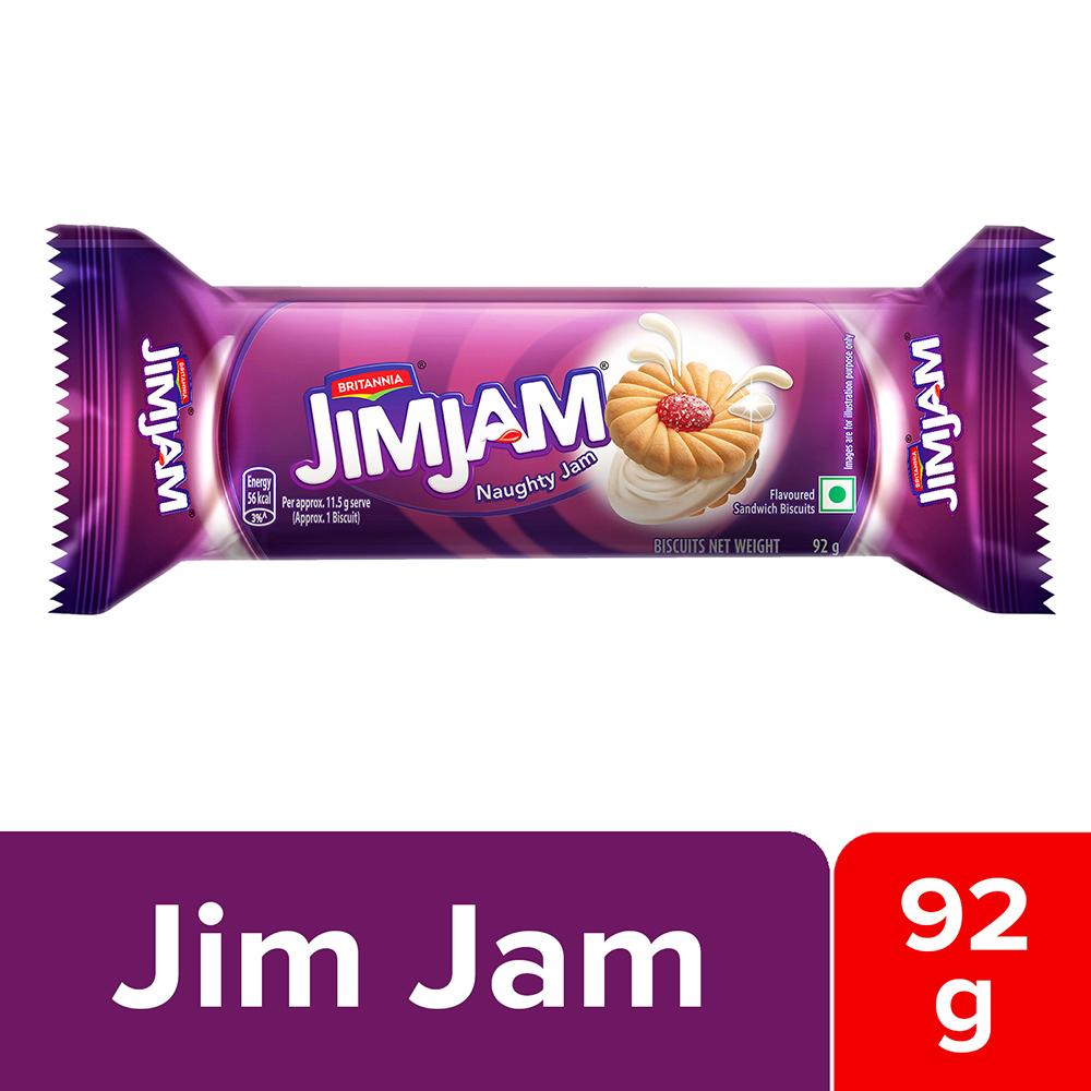 Britannia Jimjam biscuit pouch showing cream and jam sandwich biscuits