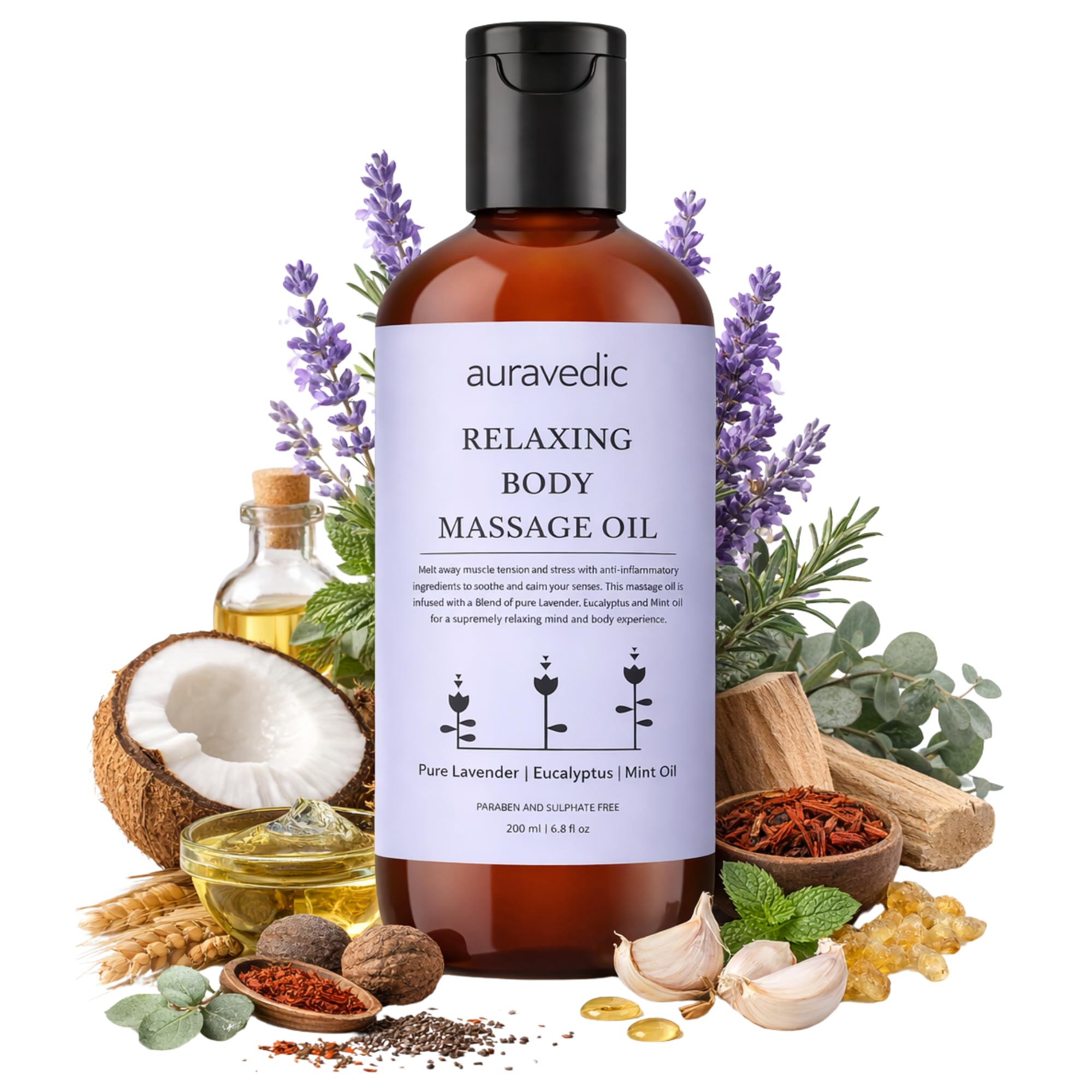 200 ml Auravedic body massage oil bottle with lavender eucalyptus mint