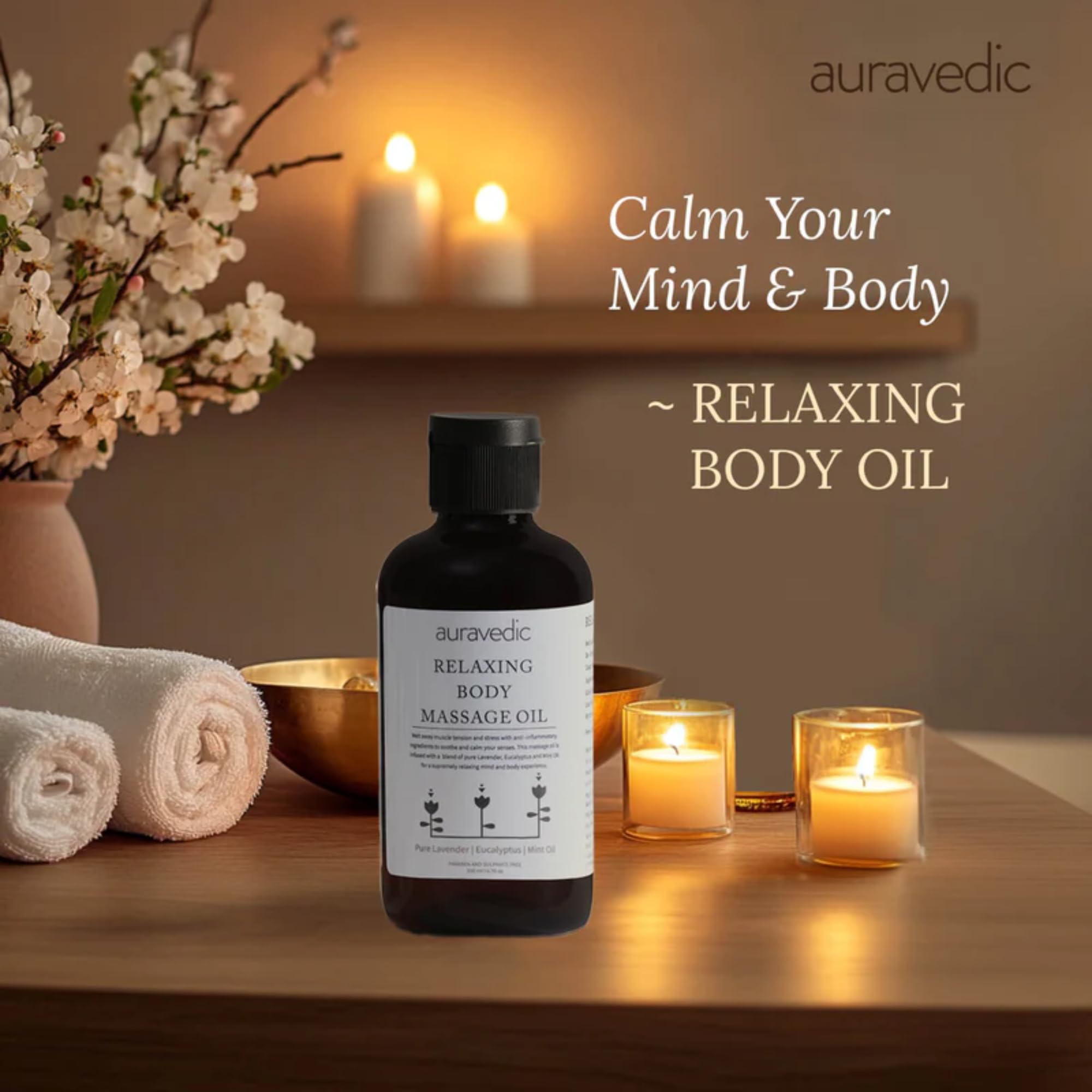Auravedic Relaxing Body Massage Oil For Full Body Massager For Pain Relief Calming Moisturizer For Dry Skin Face 200 Ml Lavender Eucalyptus Mint Body Oil After Bath For Daily Use – view 2