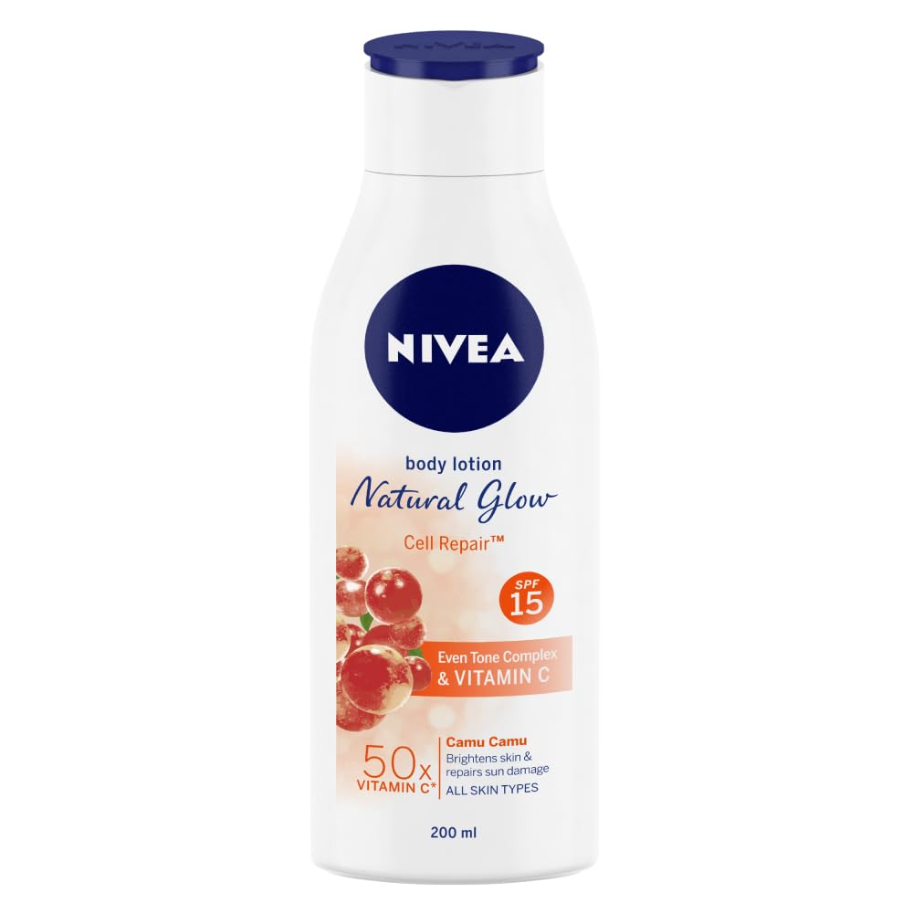 Nivea body lotion bottle with Natural Glow Cell Repair label