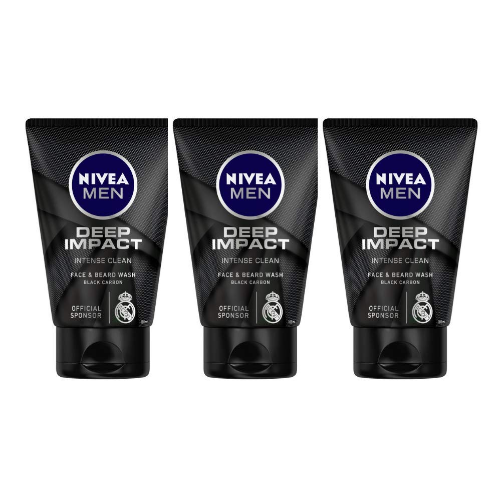 Three tubes of Nivea Men Deep Impact intense clean face wash