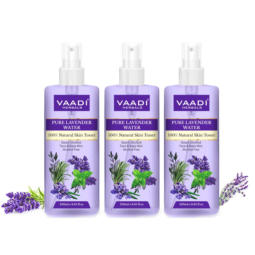 Three bottles of Vaadi Herbals lavender water natural skin toner