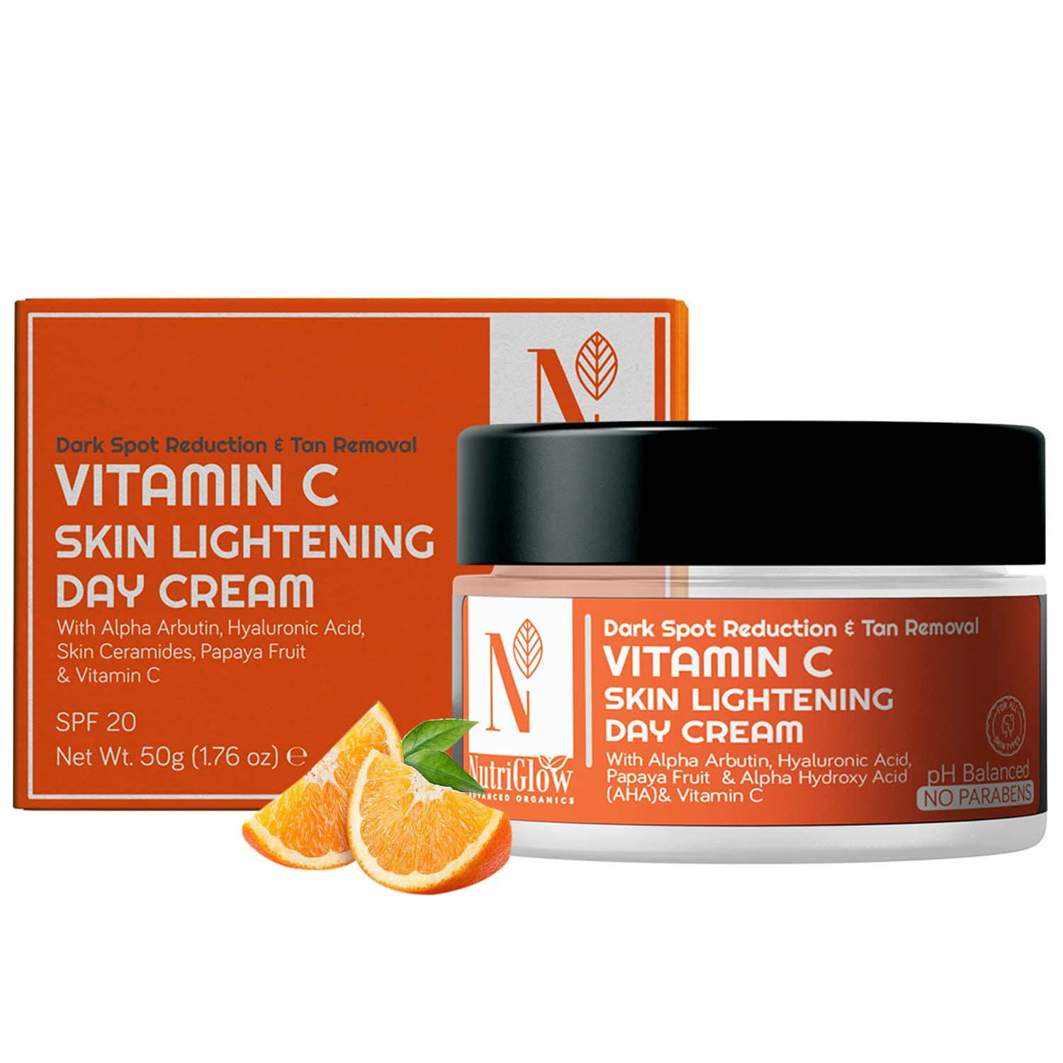 NutriGlow Advanced Organics papaya-scented vitamin C face cream jar