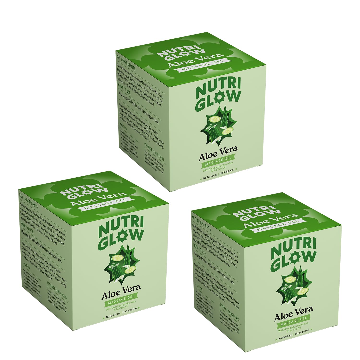 NutriGlow Aloe Vera Gel Great For Face, Hair, Acne, Sunburn, Bug Bites, Rashes, Glowing and Radiant Skin, Hydrating Gel Relieves Itchy & Irritated Skin, Non Sticky, 100gm Each, Pack of 3