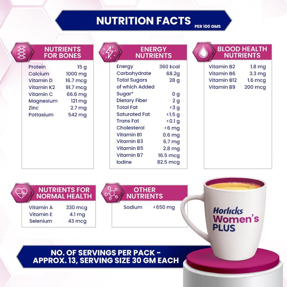 Horlicks Women's Plus Caramel Health Drink 400 g Jar, Nutrition for strong Bones with 100% daily Calcium & Vitamin D - No Added Sugar – view 4