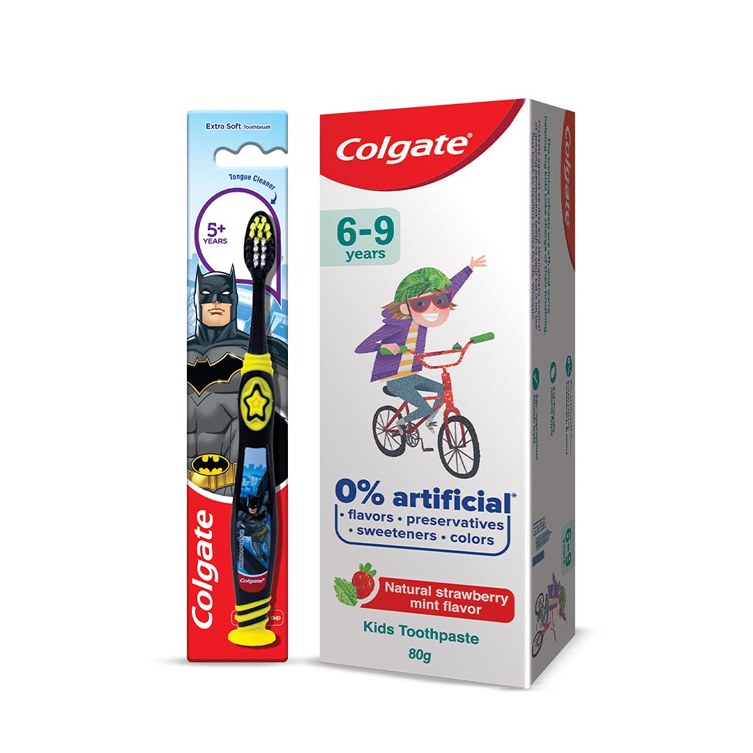 Strawberry mint Colgate kids toothpaste bundle with soft Batman toothbrush