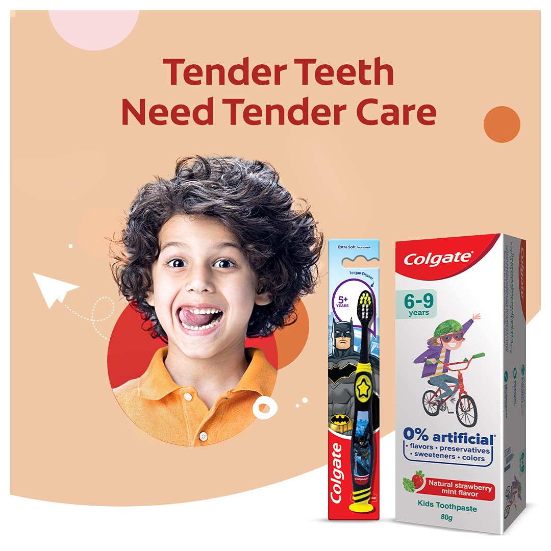 Colgate Kids Cavity Protection Toothpaste for 6-9 Years, 80g, Natural Strawberry Mint Flavour, 0% Artificial substances, SLS Free, with Colgate Batman Extra Soft bristles Toothbrush 5+ years – view 2