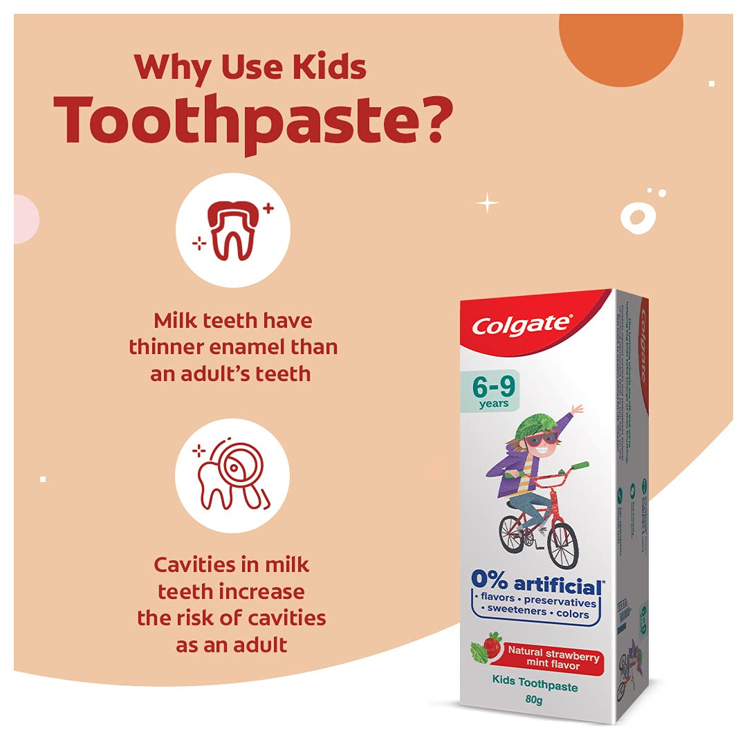 Colgate Kids Cavity Protection Toothpaste for 6-9 Years, 80g, Natural Strawberry Mint Flavour, 0% Artificial substances, SLS Free, with Colgate Batman Extra Soft bristles Toothbrush 5+ years – view 3