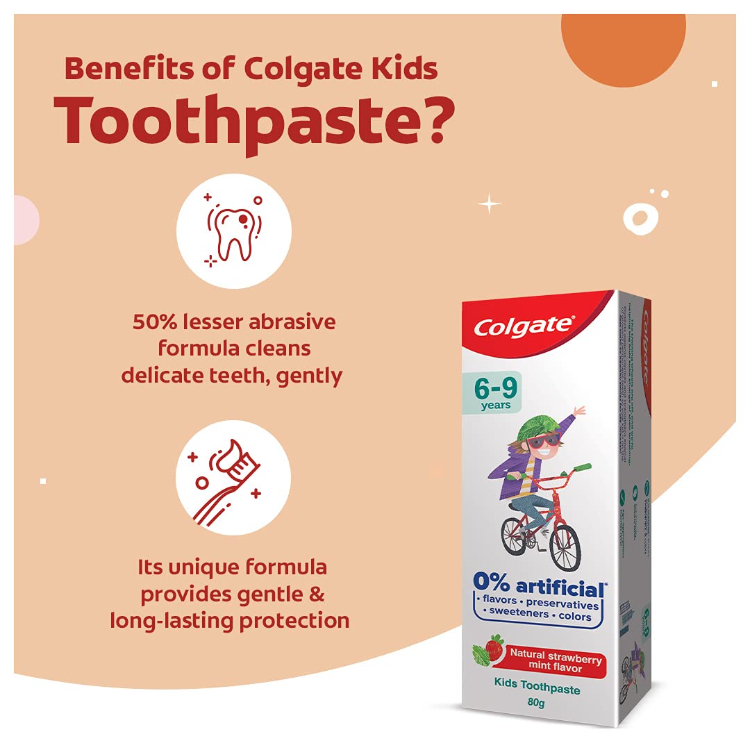Colgate Kids Cavity Protection Toothpaste for 6-9 Years, 80g, Natural Strawberry Mint Flavour, 0% Artificial substances, SLS Free, with Colgate Batman Extra Soft bristles Toothbrush 5+ years – view 4