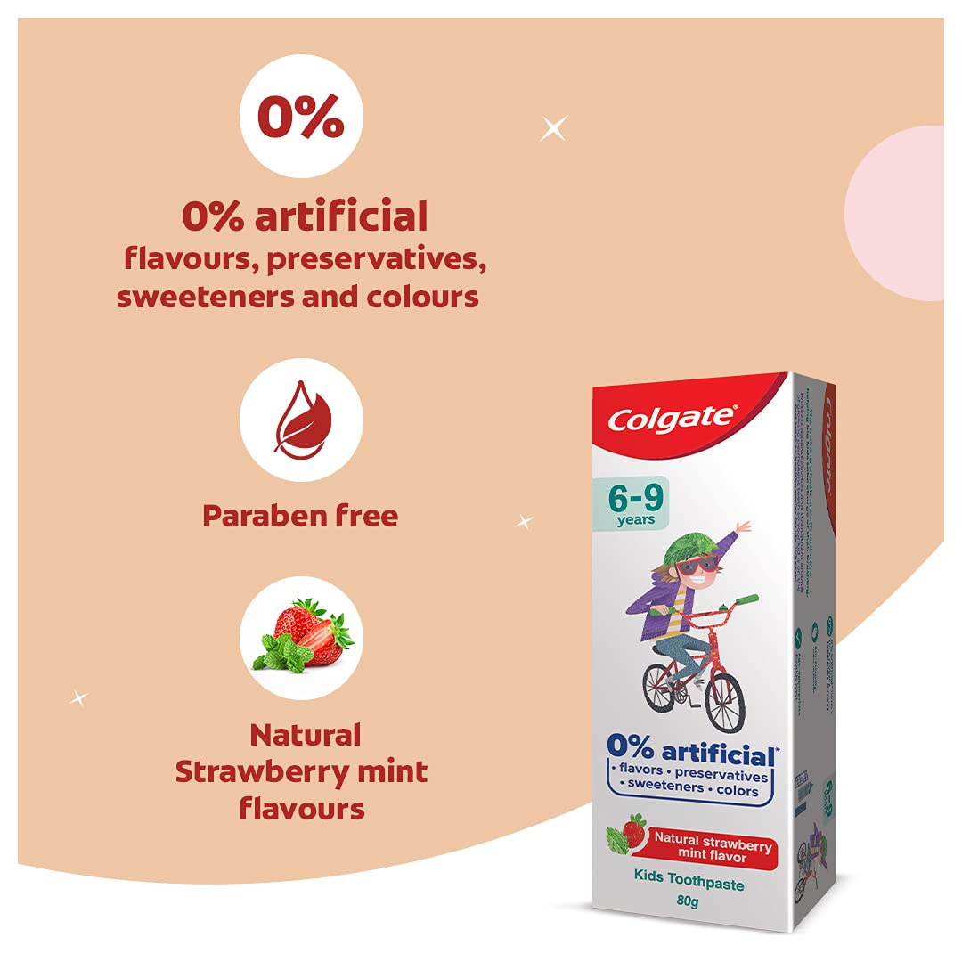 Colgate Kids Cavity Protection Toothpaste for 6-9 Years, 80g, Natural Strawberry Mint Flavour, 0% Artificial substances, SLS Free, with Colgate Batman Extra Soft bristles Toothbrush 5+ years – view 5