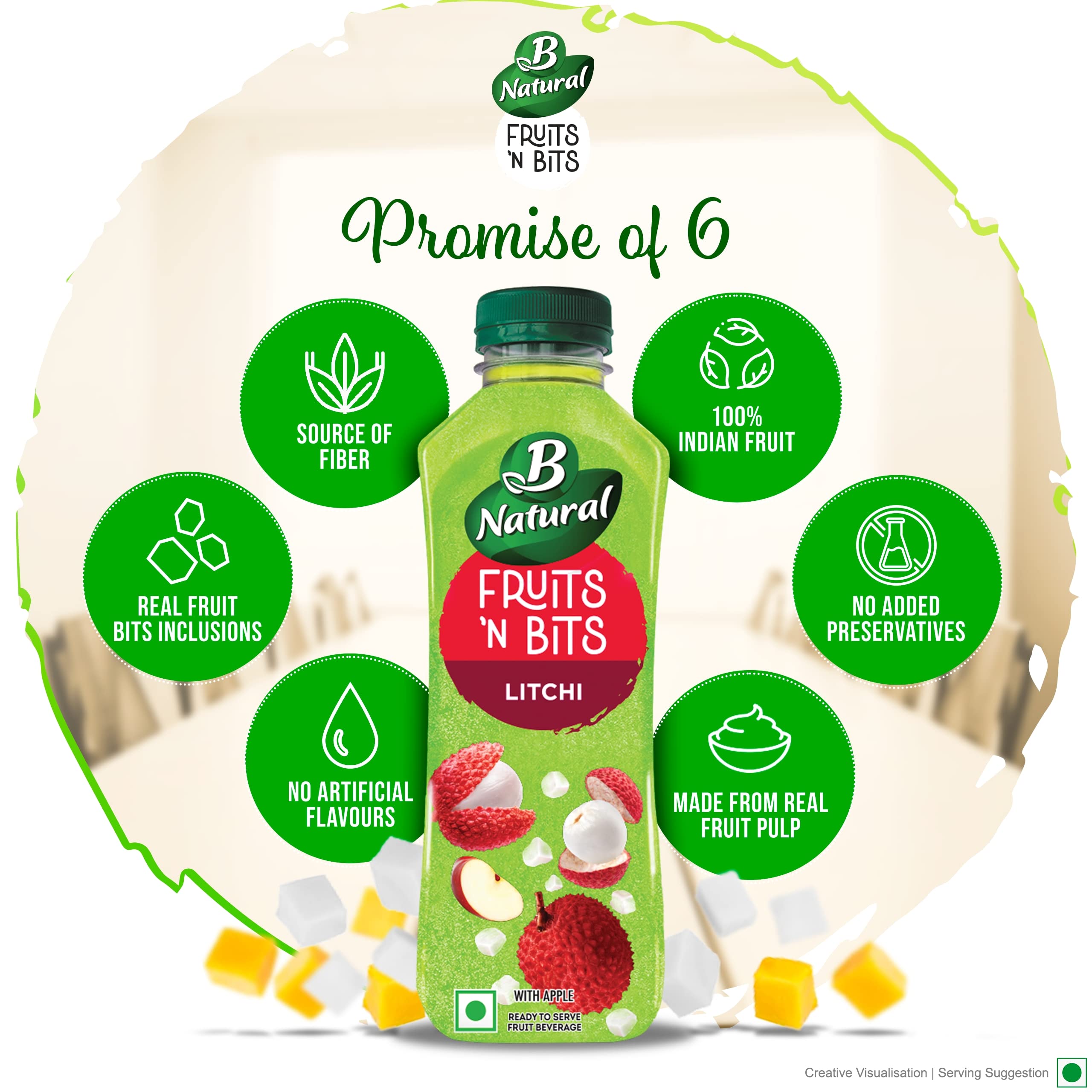 B Natural Fruits N Bits Litchi, Infused with Real Fruit Bits, 300ml, 100% Indian Fruit, 0% Concentrate, Goodness of Fiber, No Added Preservatives – view 5