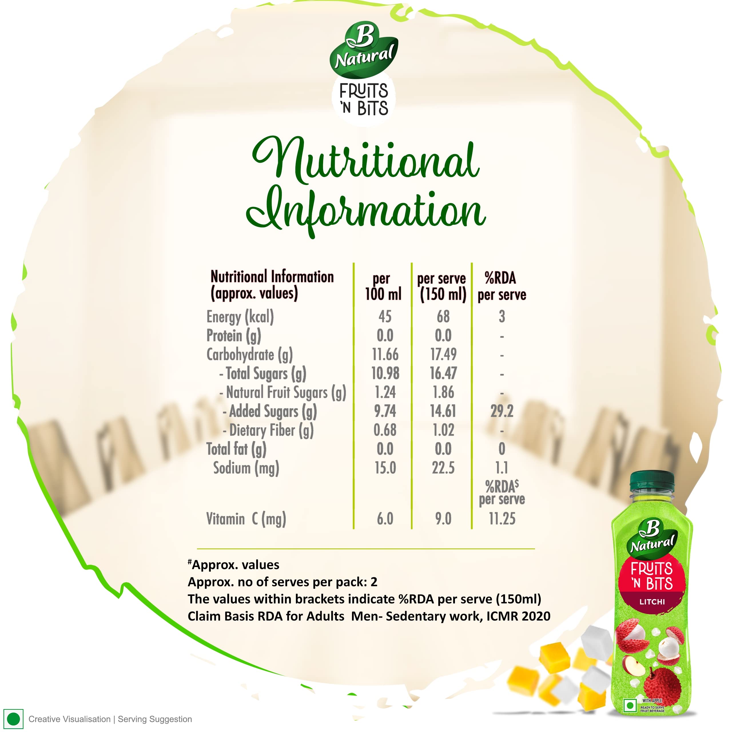 B Natural Fruits N Bits Litchi, Infused with Real Fruit Bits, 300ml, 100% Indian Fruit, 0% Concentrate, Goodness of Fiber, No Added Preservatives – view 7