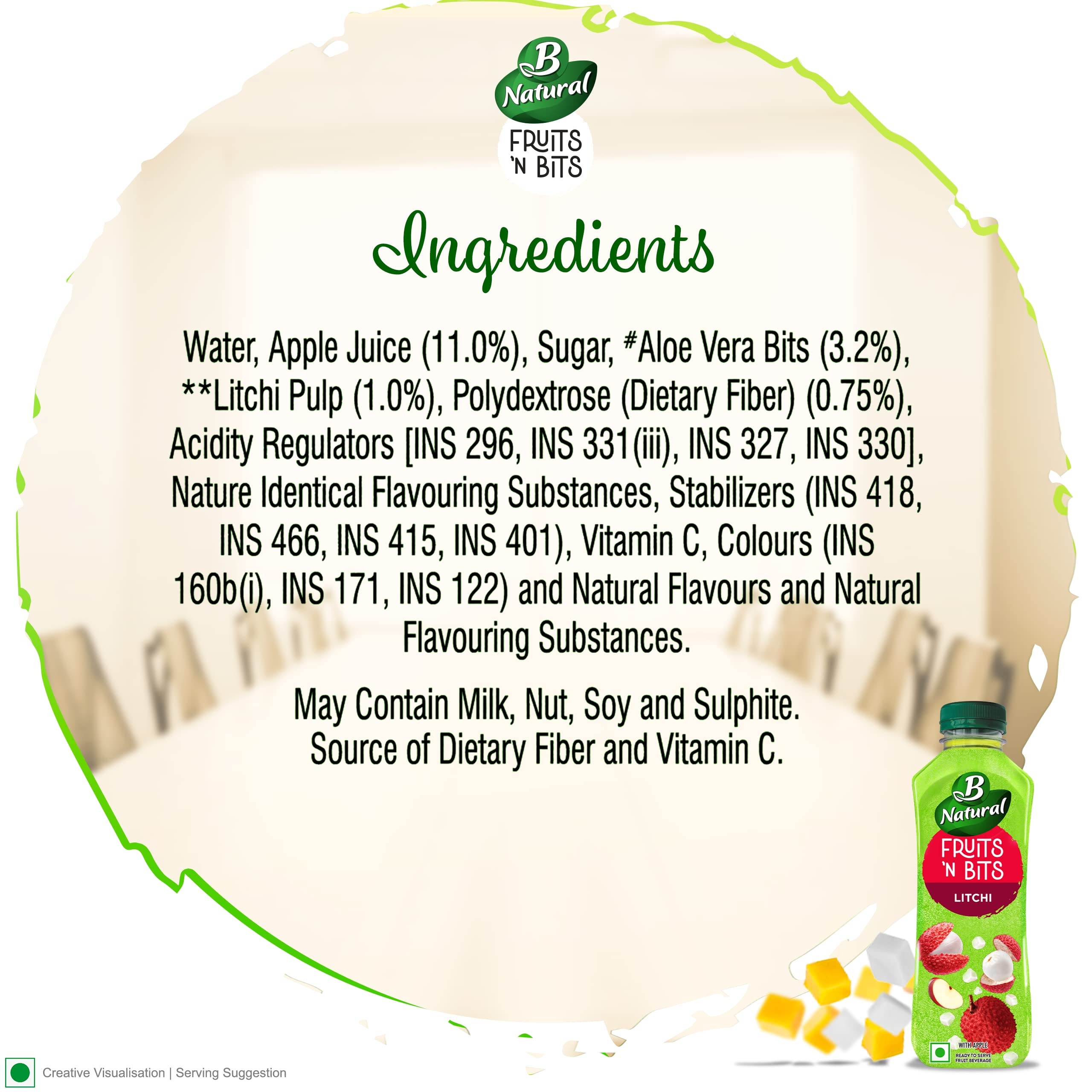 B Natural Fruits N Bits Litchi, Infused with Real Fruit Bits, 300ml, 100% Indian Fruit, 0% Concentrate, Goodness of Fiber, No Added Preservatives – view 8