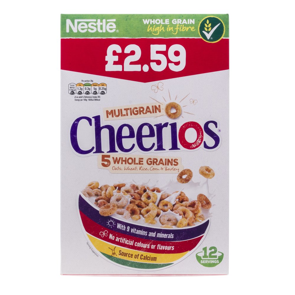 Front of Cheerios 375g honey whole grain cereal box