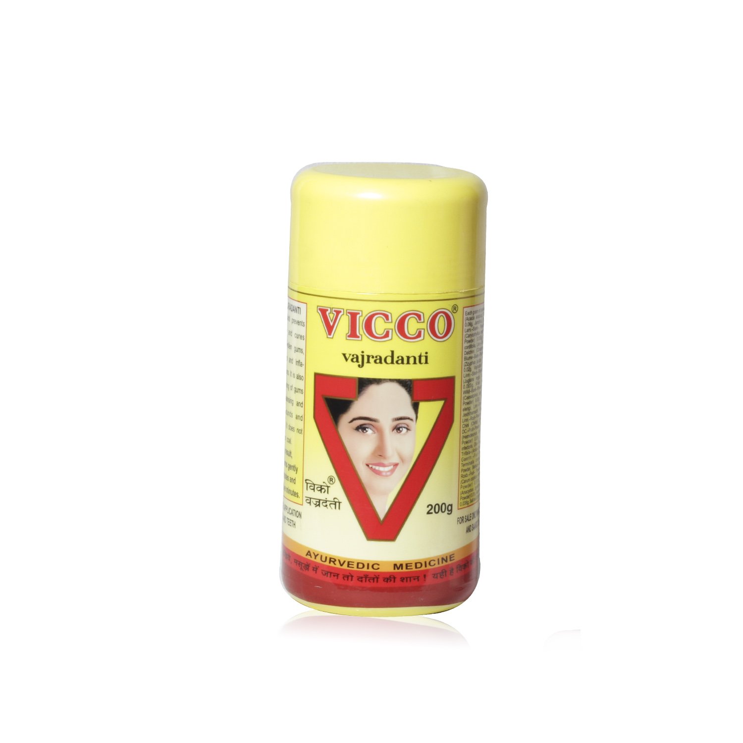 Bottle of Vicco Vajradanti Ayurvedic tooth powder, 200 g