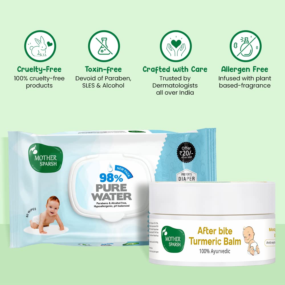 Mother Sparsh After Bite Turmeric Balm for Babies to Prevent Rashes and soothes Mosquito Bites & 98% Water Wipes Pack of 3 (80 pcs Each) – view 4