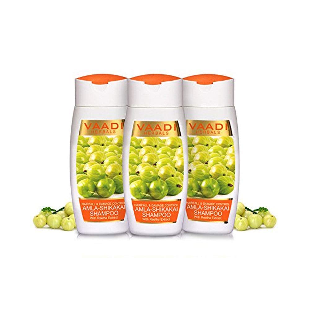 Three 110 ml Vaadi Herbals Amla Shikakai Shampoo bottles front view