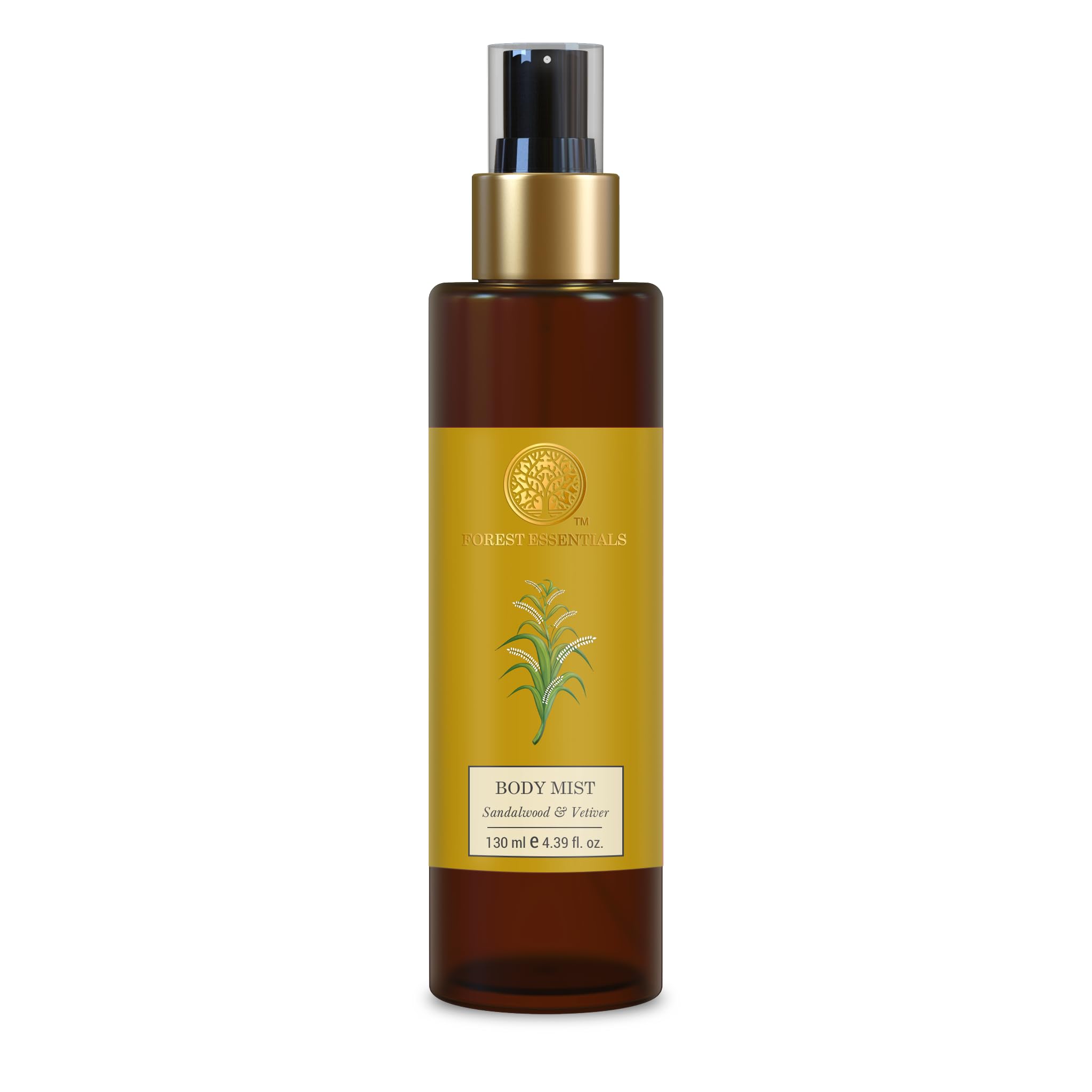 Hydrating sandalwood and vetiver body mist bottle from Forest Essentials